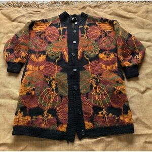 Vintage 1990 Needleworks Hand Knit Wool Cardigan Sweater OSFA Abstract Boho Art
